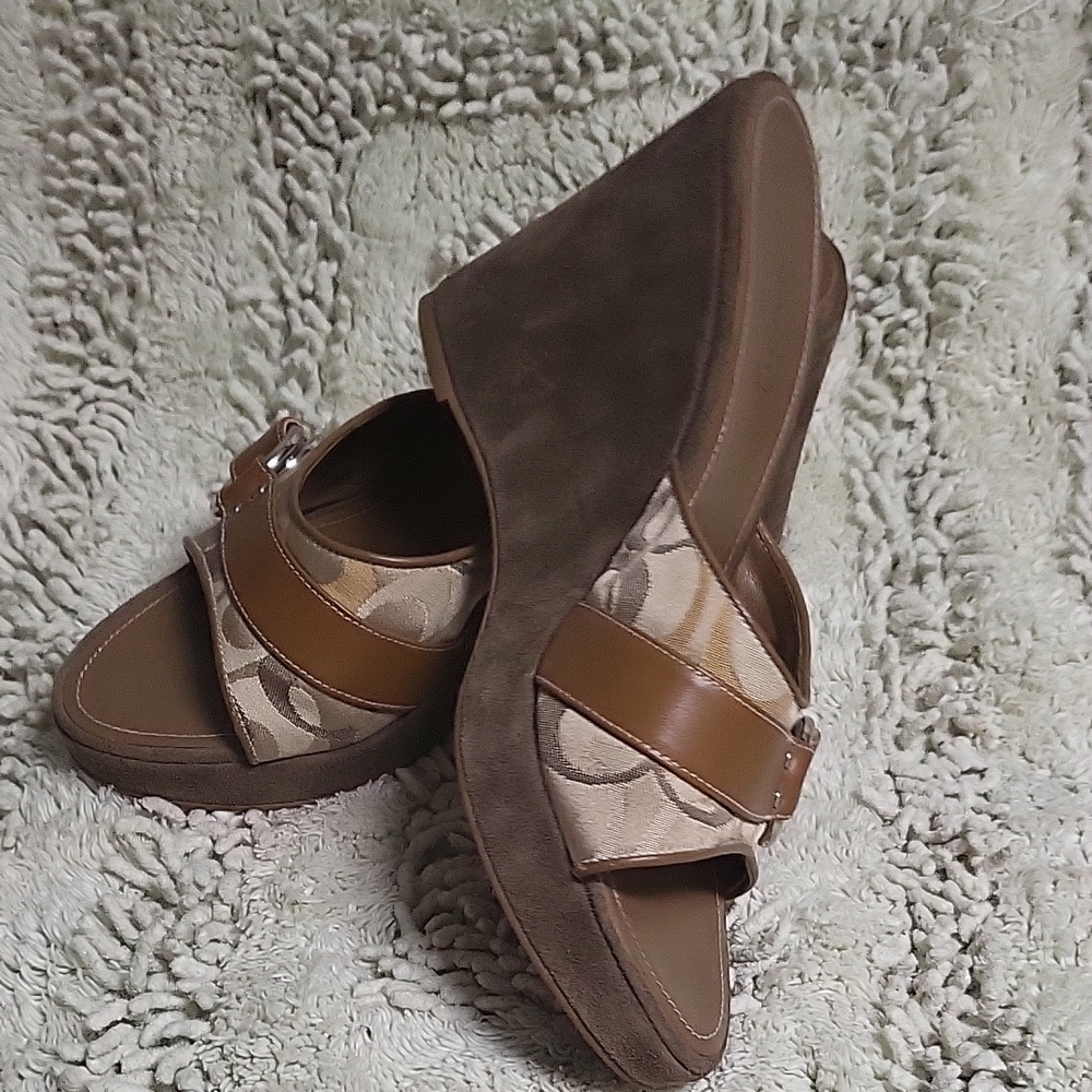 Brown and Tan Women's Wedge Sandals Coach